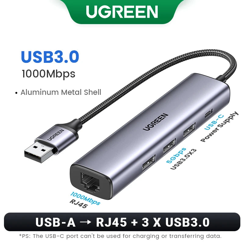 UGREEN USB Ethernet Adaptador 1000/100Mbps USB3.0/USB2.0 HUB USB a RJ45 USB Lan para Laptop PC Xiaomi Mi Box Nintendo Switch Lenovo Macbook Mac OS Windows Linux USB-C HUB USB-A Tarjeta de Red Gigabit Internet Adaptador AANHORA-SHOPPING