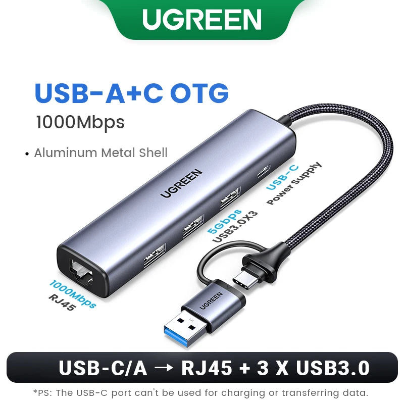 UGREEN USB Ethernet Adaptador 1000/100Mbps USB3.0/USB2.0 HUB USB a RJ45 USB Lan para Laptop PC Xiaomi Mi Box Nintendo Switch Lenovo Macbook Mac OS Windows Linux USB-C HUB USB-A Tarjeta de Red Gigabit Internet Adaptador AANHORA-SHOPPING