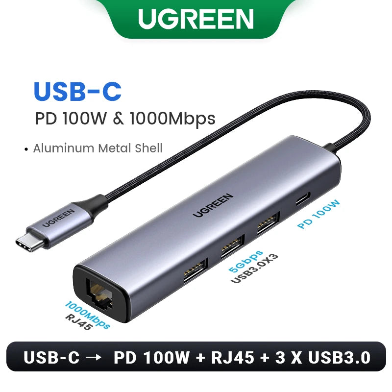 UGREEN USB Ethernet Adaptador 1000/100Mbps USB3.0/USB2.0 HUB USB a RJ45 USB Lan para Laptop PC Xiaomi Mi Box Nintendo Switch Lenovo Macbook Mac OS Windows Linux USB-C HUB USB-A Tarjeta de Red Gigabit Internet Adaptador AANHORA-SHOPPING