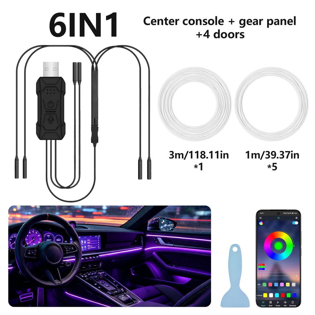 Luz LED de Neón Flexible para el Interior del Automóvil, RGB Multicolor, Activa por Sonido, Control por Aplicación, Tira de Luz Ambiental para el Tablero y Puertas del Auto AANHORA-SHOPPING
