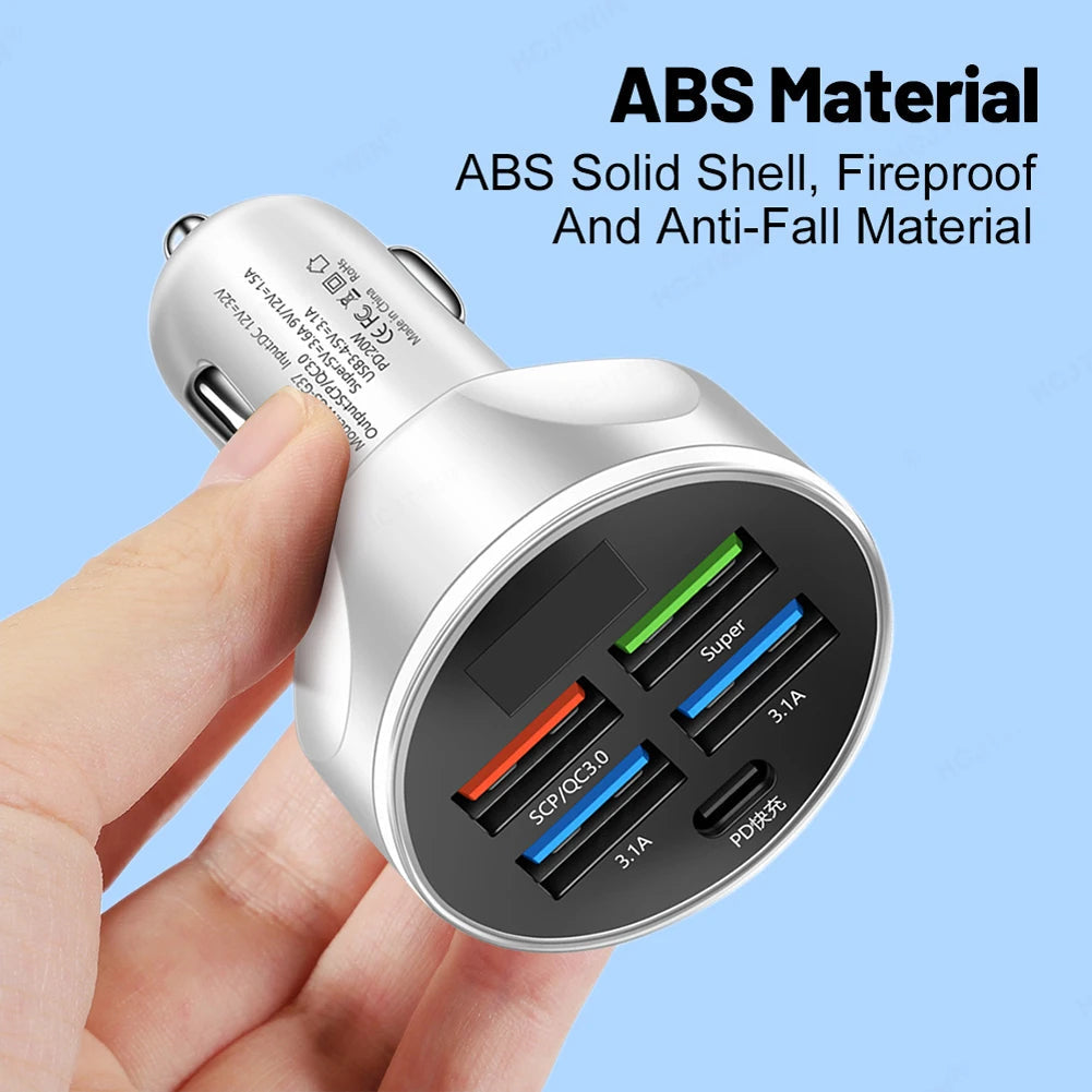 5-In-1 Car Fast Charging Adapter 3.1A Type-C LED Digital Display PD USB Type C Car Mobile Phone Charger For Xiaomi Huawei Realme AANHORA-SHOPPING