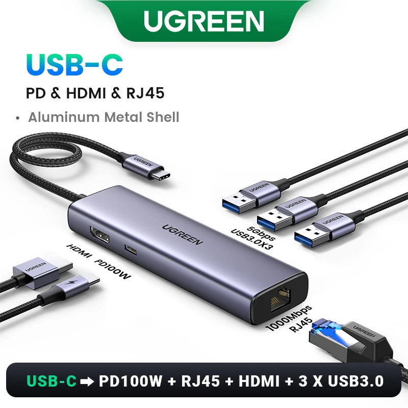 UGREEN USB Ethernet Adaptador 1000/100Mbps USB3.0/USB2.0 HUB USB a RJ45 USB Lan para Laptop PC Xiaomi Mi Box Nintendo Switch Lenovo Macbook Mac OS Windows Linux USB-C HUB USB-A Tarjeta de Red Gigabit Internet Adaptador AANHORA-SHOPPING