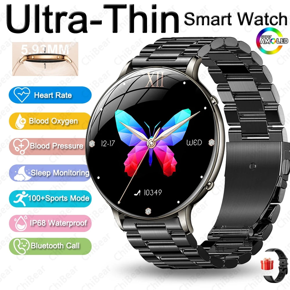 Reloj Inteligente AMOLED Ultrafino para Mujer, Pantalla Siempre Encendida, Linterna LED, Brazalete de Moda, Llamadas por BT, Monitoreo de Salud AANHORA-SHOPPING