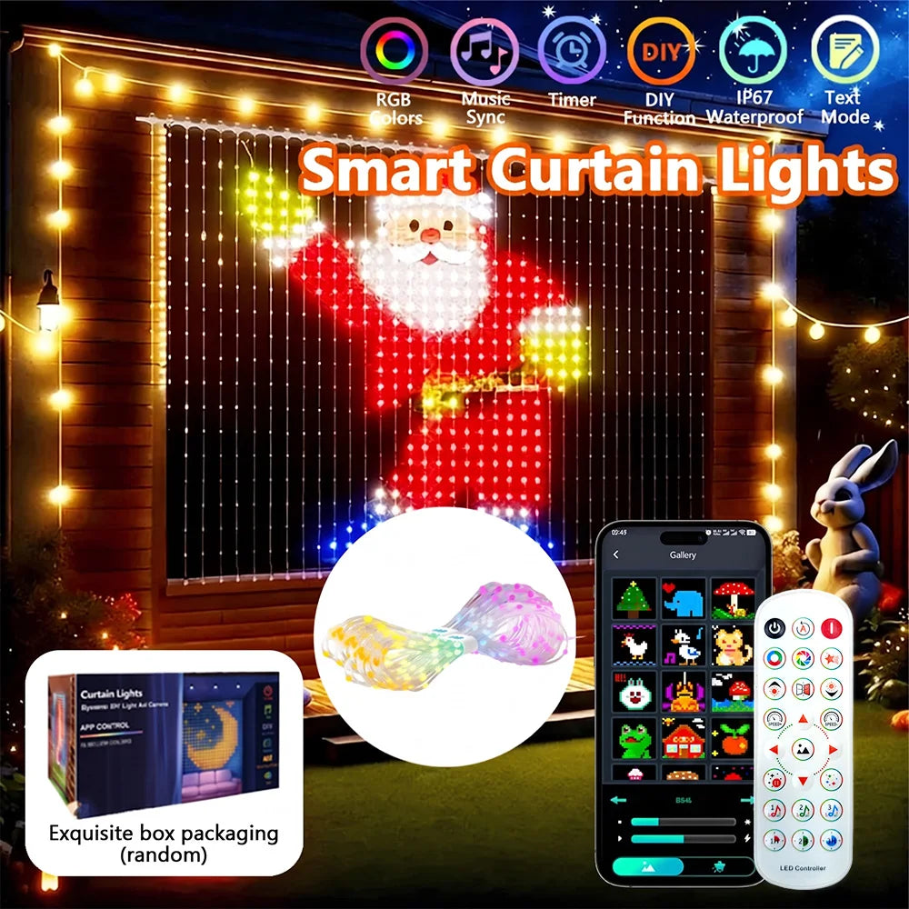 Cortina de luces inteligente de 256/400LED, cadena de luces dinámicas DIY, patrón que cambia de Color, aplicación remota de texto para decoración de fiesta en casa AANHORA-SHOPPING