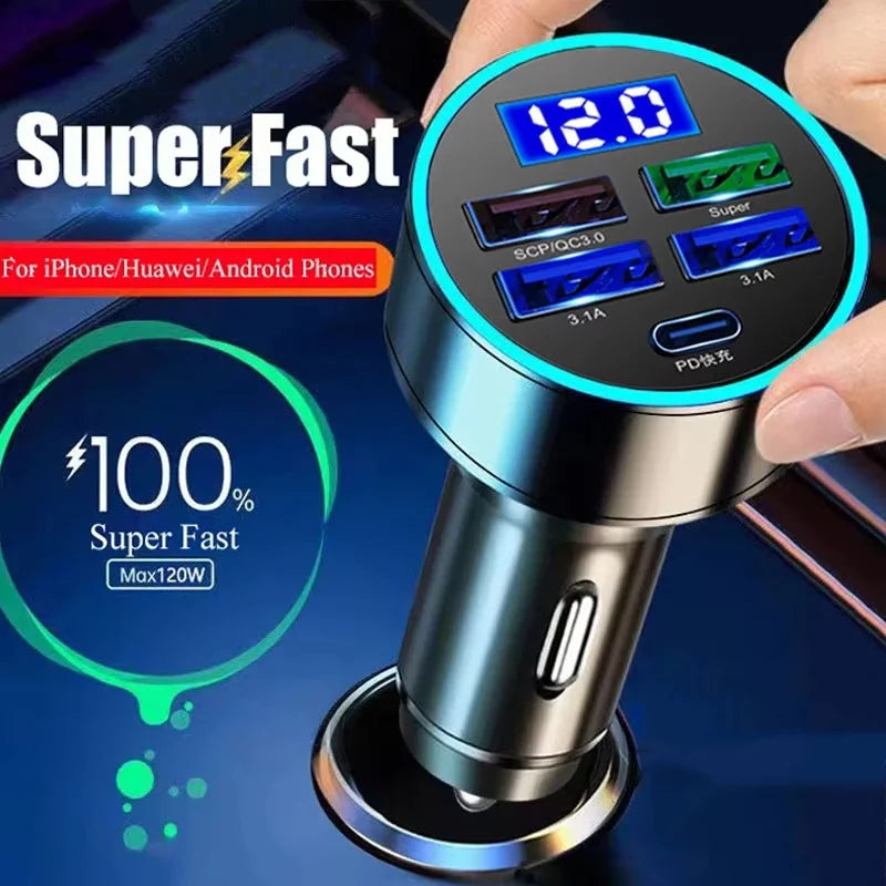 5-In-1 Car Fast Charging Adapter 3.1A Type-C LED Digital Display PD USB Type C Car Mobile Phone Charger For Xiaomi Huawei Realme AANHORA-SHOPPING