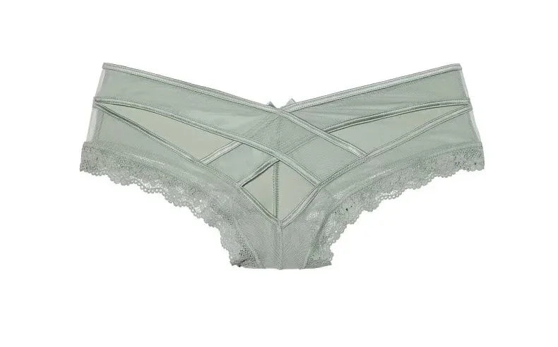 Ropa interior Sexy calada de satén romántico europeo para mujer, bragas de encaje de malla con cinturón cruzado, bragas cómodas en la entrepierna de algodón, lencería AANHORA-SHOPPING