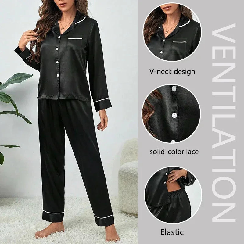 Conjunto de pijamas de seda para mujer, ropa de dormir informal suave, camisa larga, Tops y pantalones largos, cárdigan, ropa de dormir para el hogar, primavera y otoño AANHORA-SHOPPING