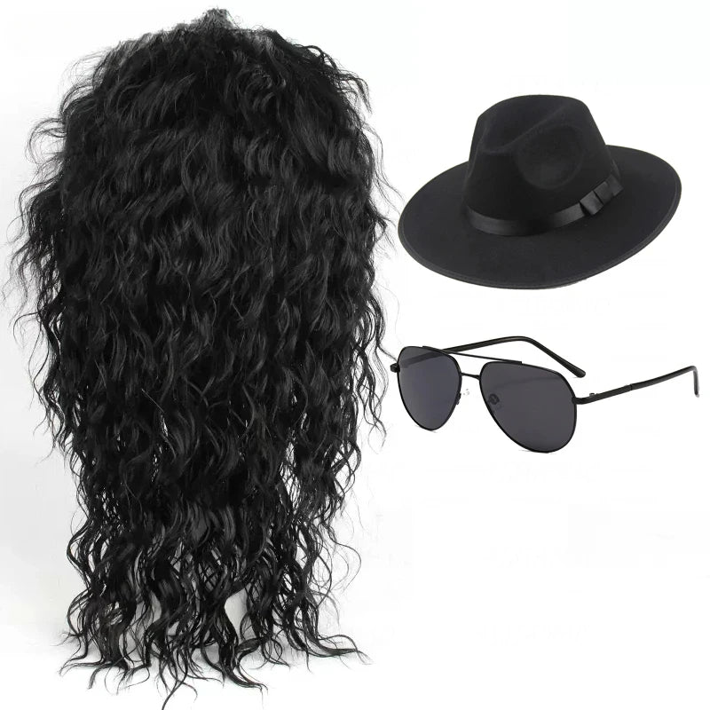 Anime Michael Jackson Cosplay Michael Cosplay peluca negra Michael juego de rol peluca de pelo negro rizado medio largo pelucas Cos de Halloween AANHORA-SHOPPING