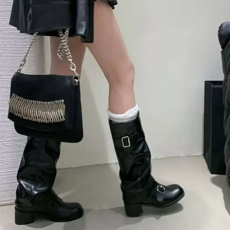 Botas de mujer hasta la rodilla con plataforma y tacones gruesos, estilo punk gótico, de cuero, a la moda, calzado de motocicleta Q221 AANHORA-SHOPPING
