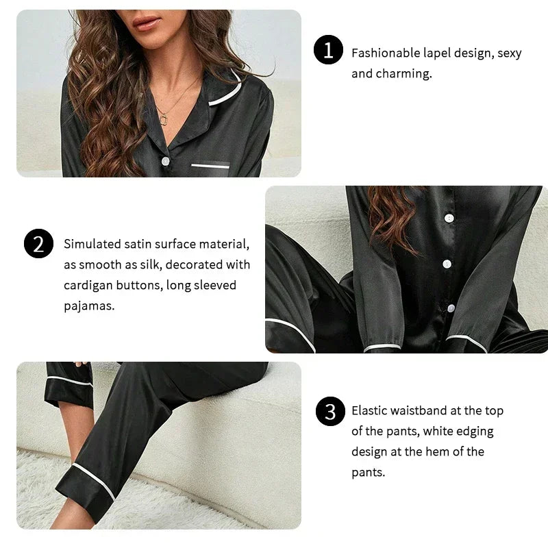 Conjunto de pijamas de seda para mujer, ropa de dormir informal suave, camisa larga, Tops y pantalones largos, cárdigan, ropa de dormir para el hogar, primavera y otoño AANHORA-SHOPPING