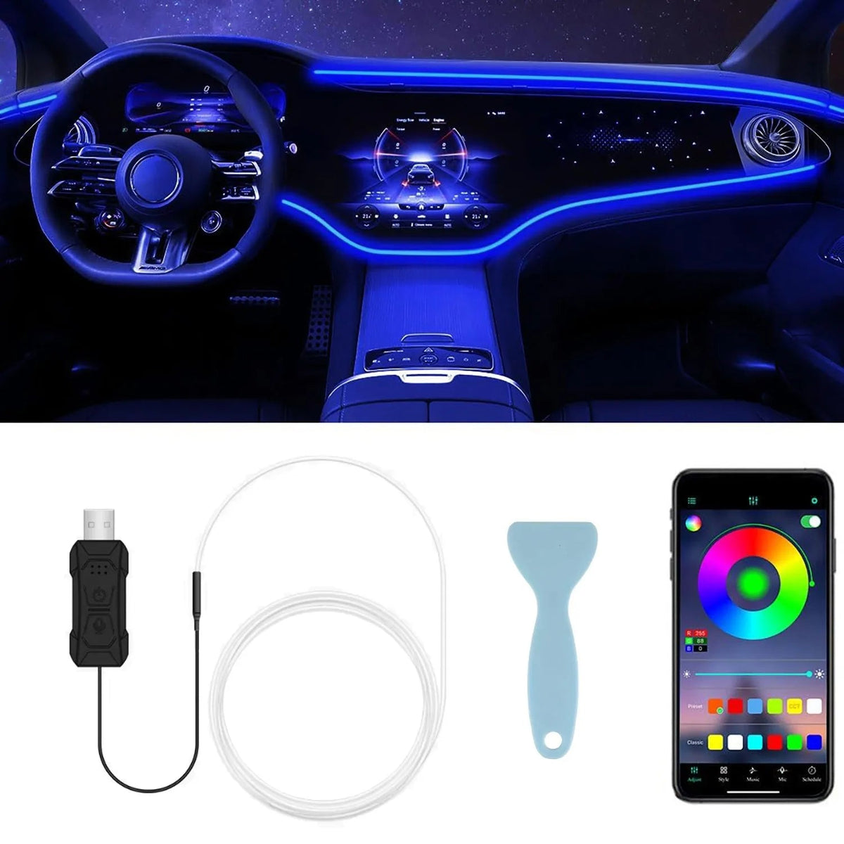 Luz LED de Neón Flexible para el Interior del Automóvil, RGB Multicolor, Activa por Sonido, Control por Aplicación, Tira de Luz Ambiental para el Tablero y Puertas del Auto AANHORA-SHOPPING