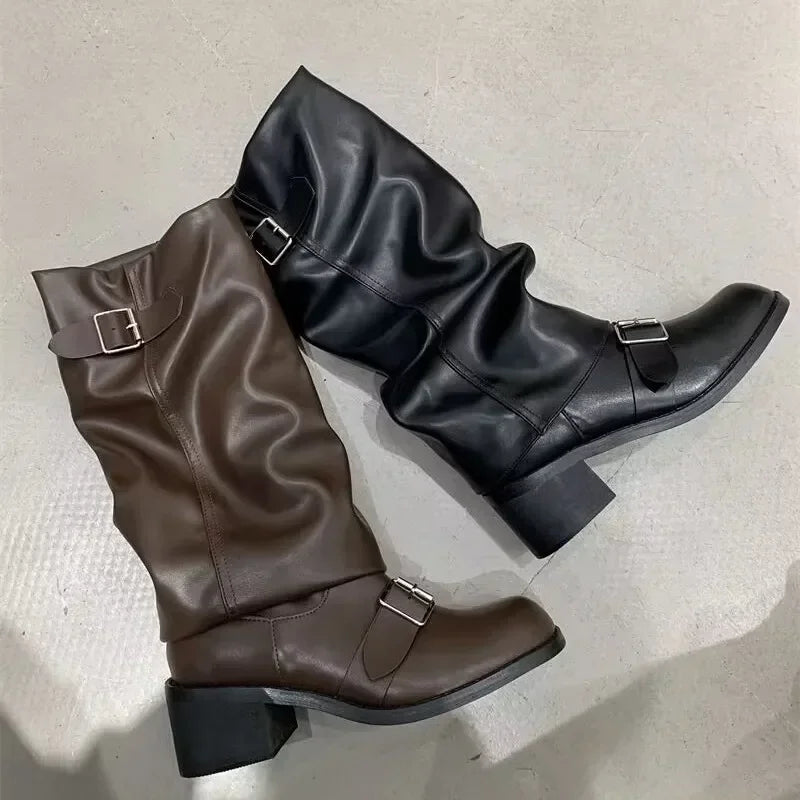 Botas de mujer hasta la rodilla con plataforma y tacones gruesos, estilo punk gótico, de cuero, a la moda, calzado de motocicleta Q221 AANHORA-SHOPPING