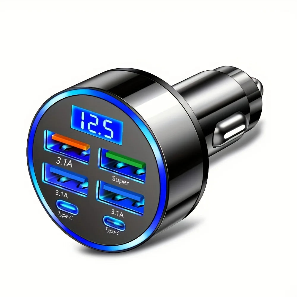 6-in-1 Fast Charging Car Adapter 3.1A Dual Type-C Digital Display Smartphones Tablets Power Banks Black Portable Charger AANHORA-SHOPPING