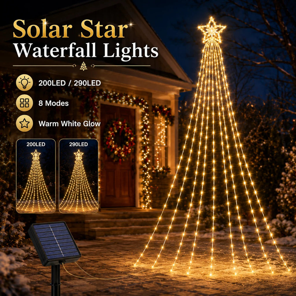 Luces Solares para Árbol de Navidad, Guirnalda de Luces en Cascada con Forma de Estrella, 200/290 LED, 8 Modos, Decoración Navideña para Jardín, Patio, Exteriores AANHORA-SHOPPING