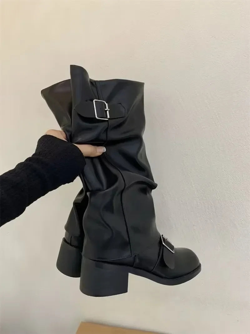 Botas de mujer hasta la rodilla con plataforma y tacones gruesos, estilo punk gótico, de cuero, a la moda, calzado de motocicleta Q221 AANHORA-SHOPPING