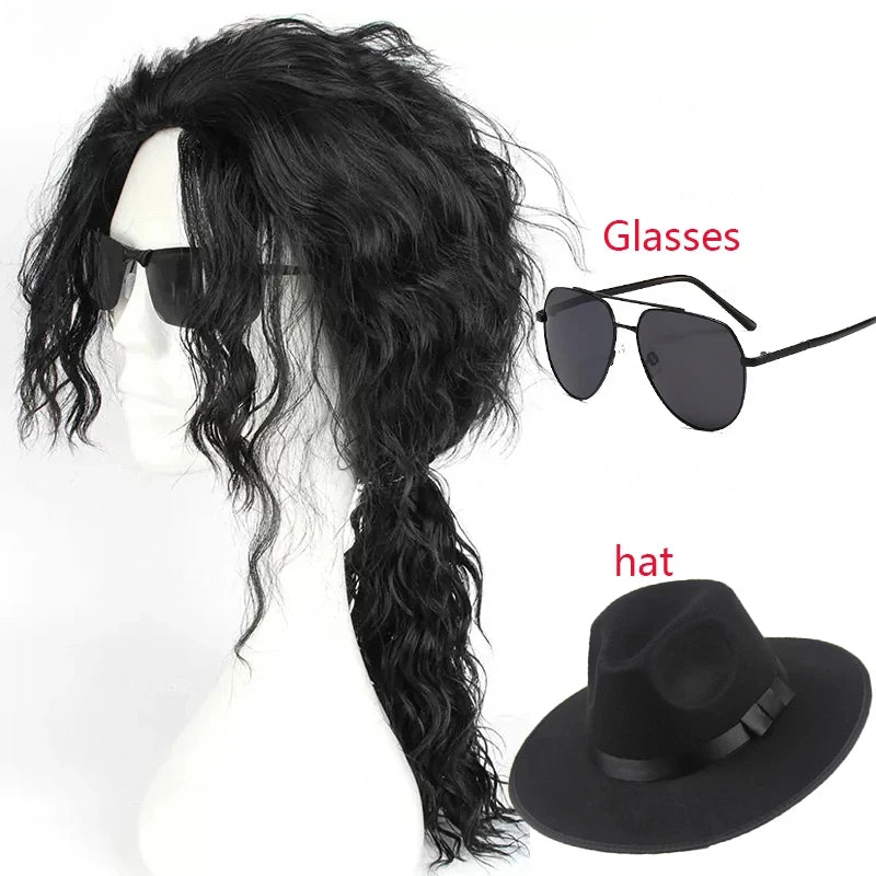 Anime Michael Jackson Cosplay Michael Cosplay peluca negra Michael juego de rol peluca de pelo negro rizado medio largo pelucas Cos de Halloween AANHORA-SHOPPING
