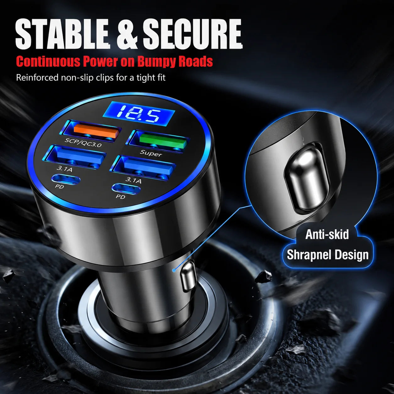 300W 6-Port Car Charger Dual Type-C PD QC3.0 Digital Display Fast Charging for Smartphones Tablets Power Banks Black AANHORA-SHOPPING