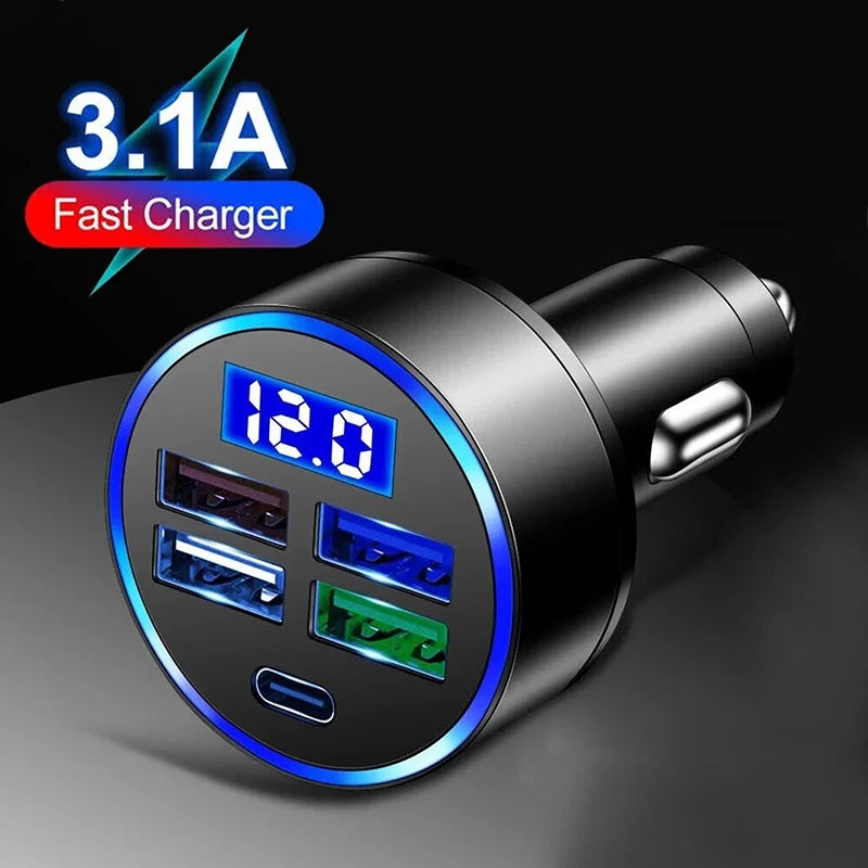 5-In-1 Car Fast Charging Adapter 3.1A Type-C LED Digital Display PD USB Type C Car Mobile Phone Charger For Xiaomi Huawei Realme AANHORA-SHOPPING