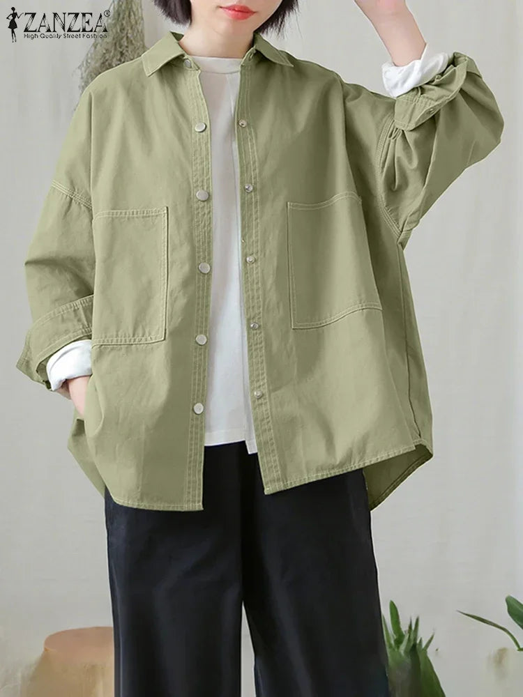 2025 ZANZEA camisas elegantes de otoño para mujer, Tops informales con bolsillos de manga larga, ropa de calle de trabajo para mujer, blusa lisa, Blusas femeninas AANHORA-SHOPPING