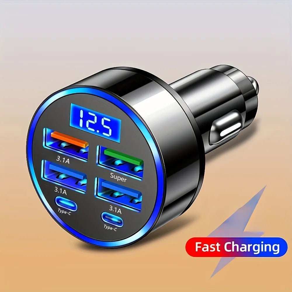 6-in-1 Fast Charging Car Adapter 3.1A Dual Type-C Digital Display Smartphones Tablets Power Banks Black Portable Charger AANHORA-SHOPPING