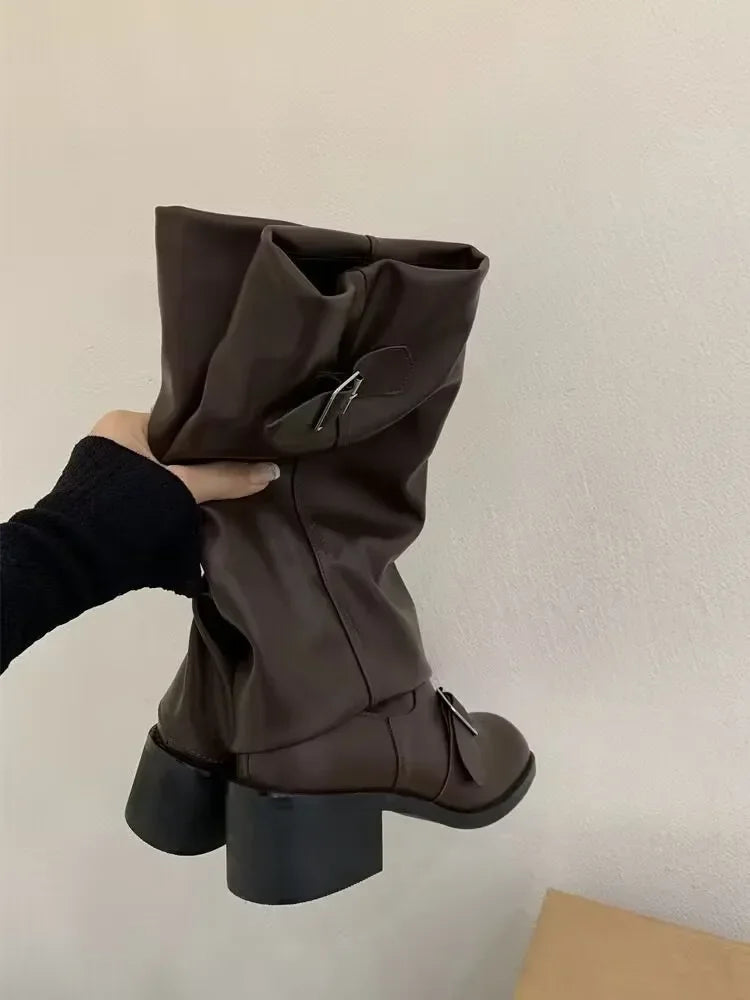 Botas de mujer hasta la rodilla con plataforma y tacones gruesos, estilo punk gótico, de cuero, a la moda, calzado de motocicleta Q221 AANHORA-SHOPPING