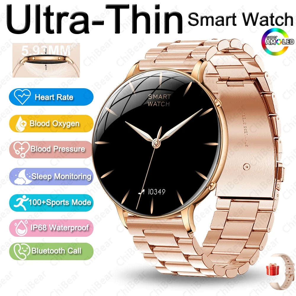 Reloj Inteligente AMOLED Ultrafino para Mujer, Pantalla Siempre Encendida, Linterna LED, Brazalete de Moda, Llamadas por BT, Monitoreo de Salud AANHORA-SHOPPING