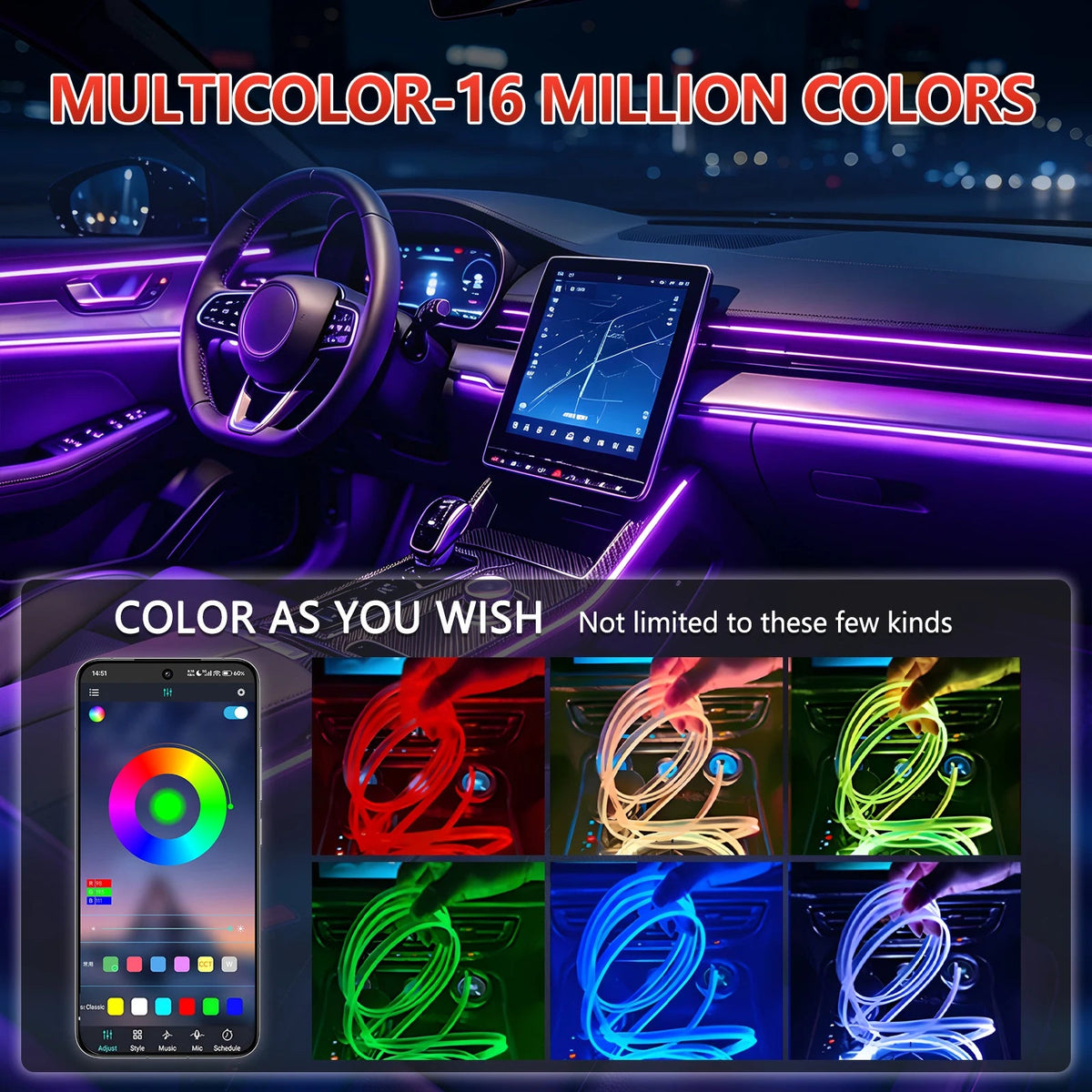 Luz LED de Neón Flexible para el Interior del Automóvil, RGB Multicolor, Activa por Sonido, Control por Aplicación, Tira de Luz Ambiental para el Tablero y Puertas del Auto AANHORA-SHOPPING