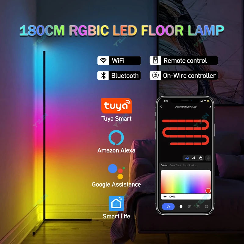 Lámpara de pie inteligente mejorada de 145/180 cm, RGBIC, control remoto por aplicación Tuya Smart, luz ambiental nórdica para decoración de salas de juego AANHORA-SHOPPING