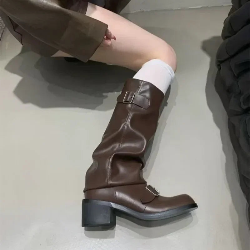 Botas de mujer hasta la rodilla con plataforma y tacones gruesos, estilo punk gótico, de cuero, a la moda, calzado de motocicleta Q221 AANHORA-SHOPPING