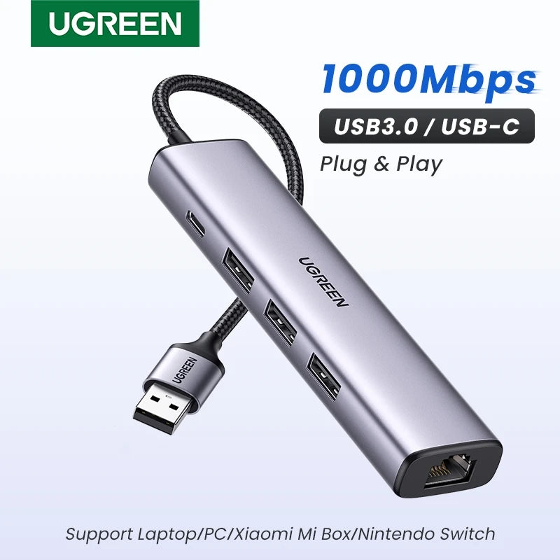 UGREEN USB Ethernet Adaptador 1000/100Mbps USB3.0/USB2.0 HUB USB a RJ45 USB Lan para Laptop PC Xiaomi Mi Box Nintendo Switch Lenovo Macbook Mac OS Windows Linux USB-C HUB USB-A Tarjeta de Red Gigabit Internet Adaptador AANHORA-SHOPPING