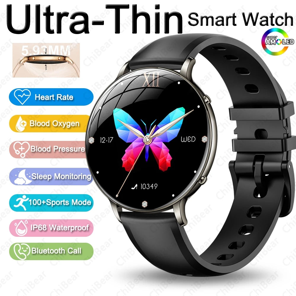 Reloj Inteligente AMOLED Ultrafino para Mujer, Pantalla Siempre Encendida, Linterna LED, Brazalete de Moda, Llamadas por BT, Monitoreo de Salud AANHORA-SHOPPING