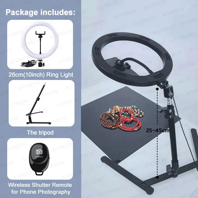 Desktop Foldable Overhead Tripod with Ring Light for Smartphone with Phone Holder Photography Table Stand Live Photo Video Shot AANHORA-SHOPPING
