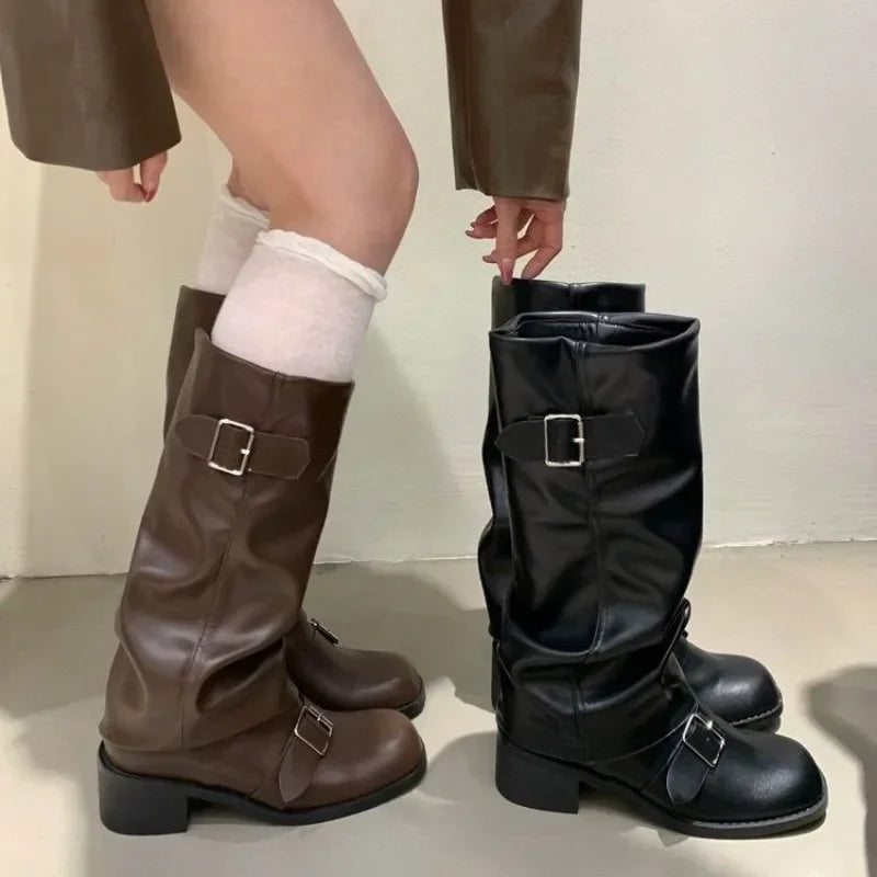 Botas de mujer hasta la rodilla con plataforma y tacones gruesos, estilo punk gótico, de cuero, a la moda, calzado de motocicleta Q221 AANHORA-SHOPPING