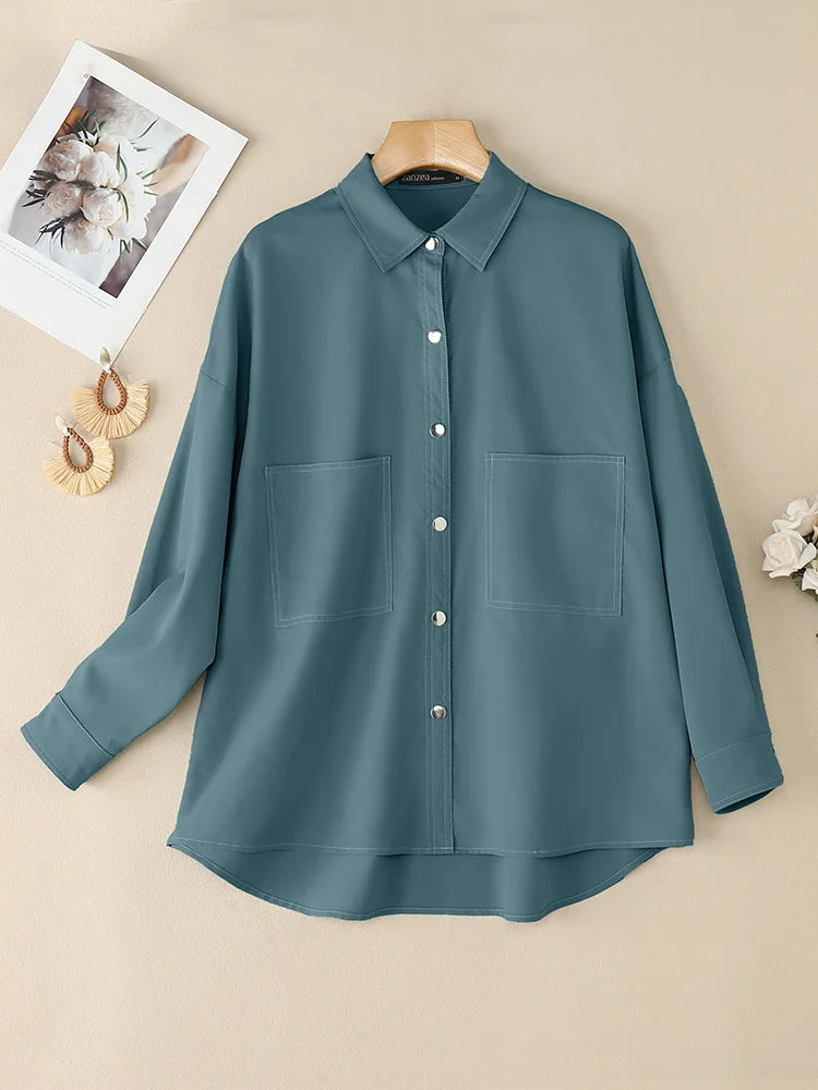 2025 ZANZEA camisas elegantes de otoño para mujer, Tops informales con bolsillos de manga larga, ropa de calle de trabajo para mujer, blusa lisa, Blusas femeninas AANHORA-SHOPPING
