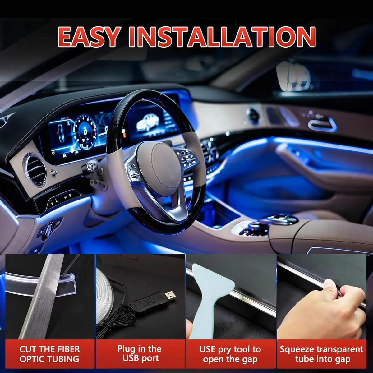 Luz LED de Neón Flexible para el Interior del Automóvil, RGB Multicolor, Activa por Sonido, Control por Aplicación, Tira de Luz Ambiental para el Tablero y Puertas del Auto AANHORA-SHOPPING