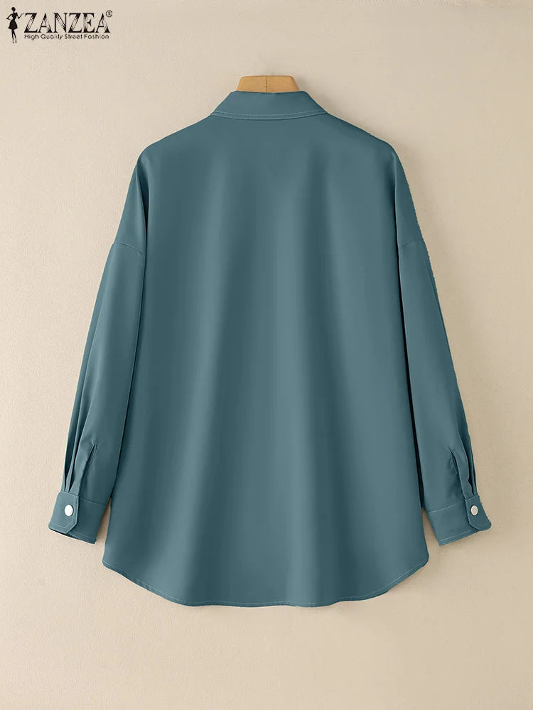 2025 ZANZEA camisas elegantes de otoño para mujer, Tops informales con bolsillos de manga larga, ropa de calle de trabajo para mujer, blusa lisa, Blusas femeninas AANHORA-SHOPPING