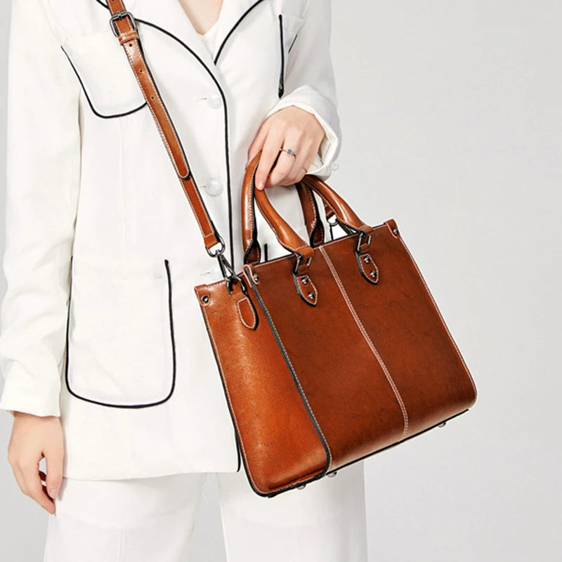Bolso de mano para mujer, bolso grande de hombro cruzado, bolso de compras de cuero genuino, moda de oficina, bandolera Cuero de vaca Real para mujer, bolsos con asa superior AANHORA-SHOPPING