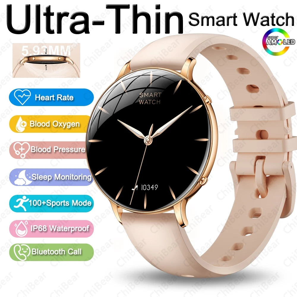 Reloj Inteligente AMOLED Ultrafino para Mujer, Pantalla Siempre Encendida, Linterna LED, Brazalete de Moda, Llamadas por BT, Monitoreo de Salud AANHORA-SHOPPING