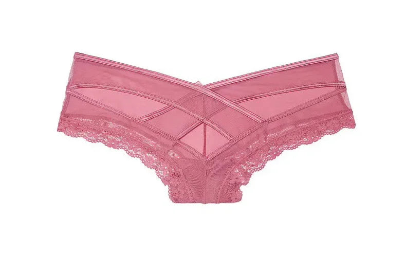 Ropa interior Sexy calada de satén romántico europeo para mujer, bragas de encaje de malla con cinturón cruzado, bragas cómodas en la entrepierna de algodón, lencería AANHORA-SHOPPING