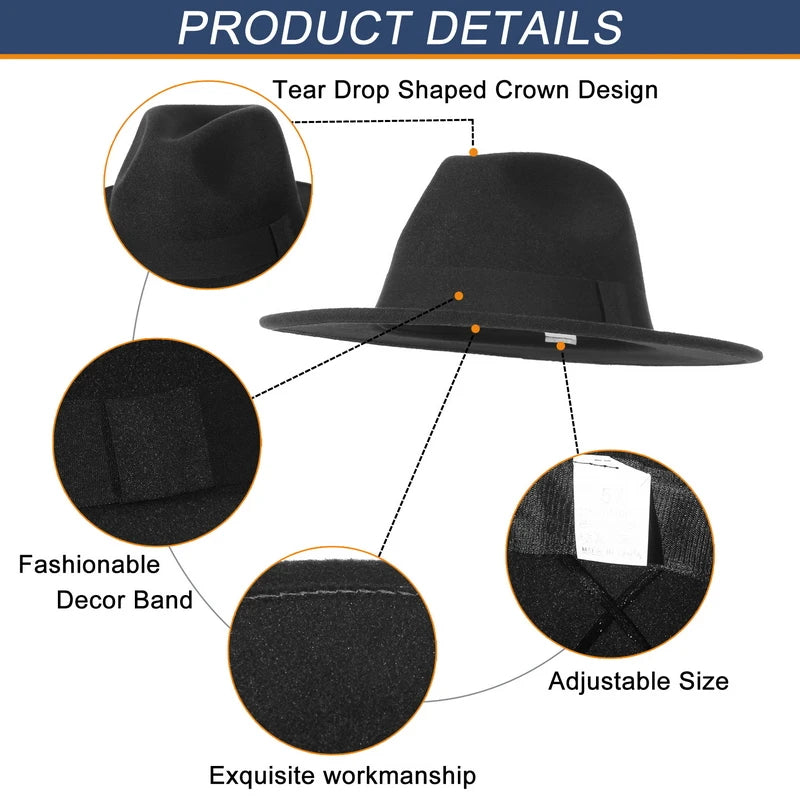 Sombrero Fedora Unisex de Ala Ancha de Fieltro con Banda Negra, Sombreros Panamá de Color Sólido para Mujeres y Hombres AANHORA-SHOPPING