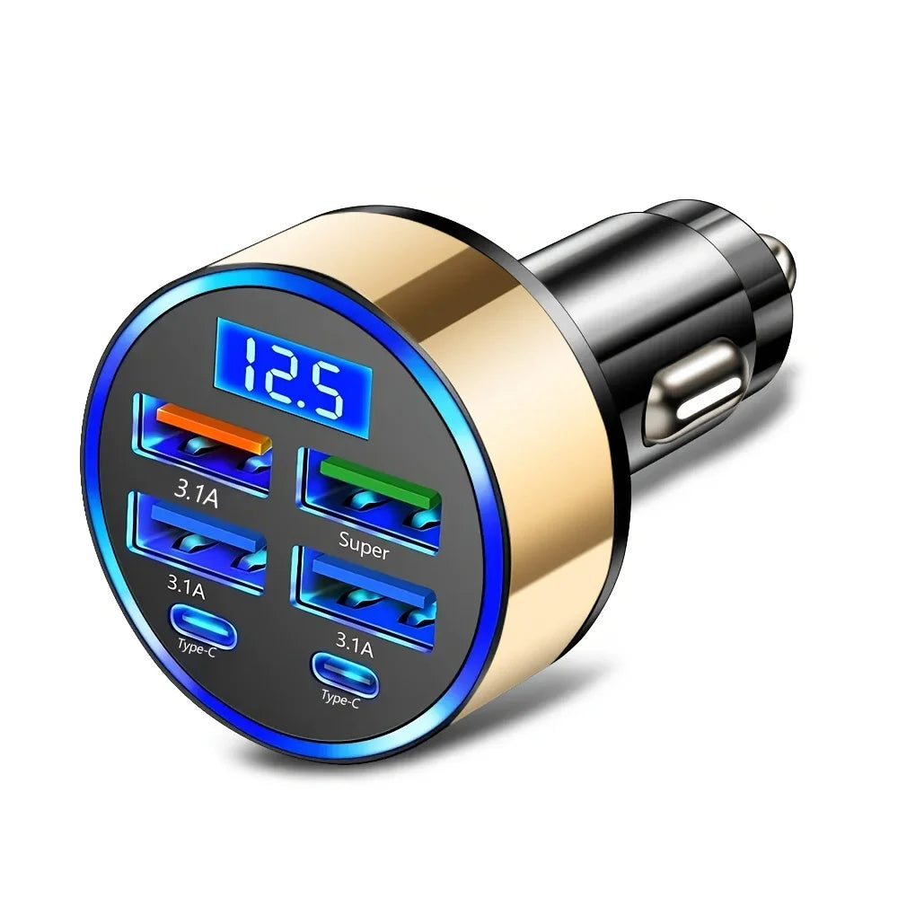 6-in-1 Fast Charging Car Adapter 3.1A Dual Type-C Digital Display Smartphones Tablets Power Banks Black Portable Charger AANHORA-SHOPPING