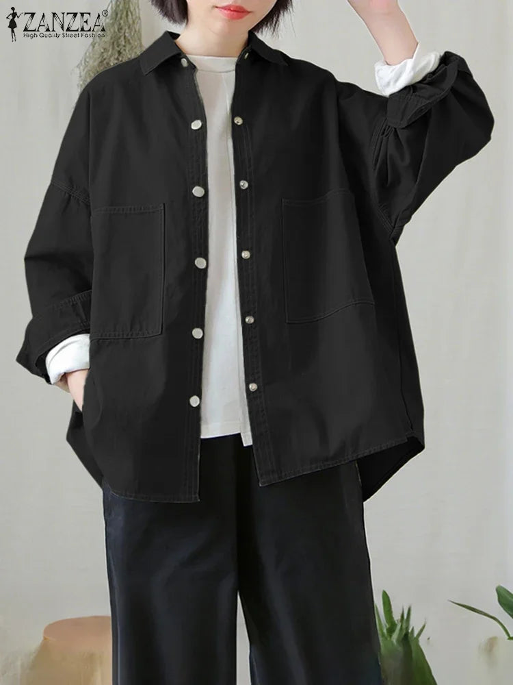2025 ZANZEA camisas elegantes de otoño para mujer, Tops informales con bolsillos de manga larga, ropa de calle de trabajo para mujer, blusa lisa, Blusas femeninas AANHORA-SHOPPING