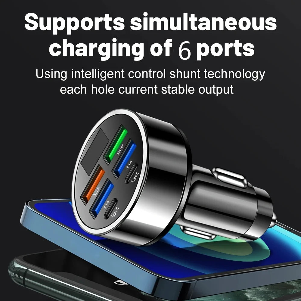 6-in-1 Fast Charging Car Adapter 3.1A Dual Type-C Digital Display Smartphones Tablets Power Banks Black Portable Charger AANHORA-SHOPPING