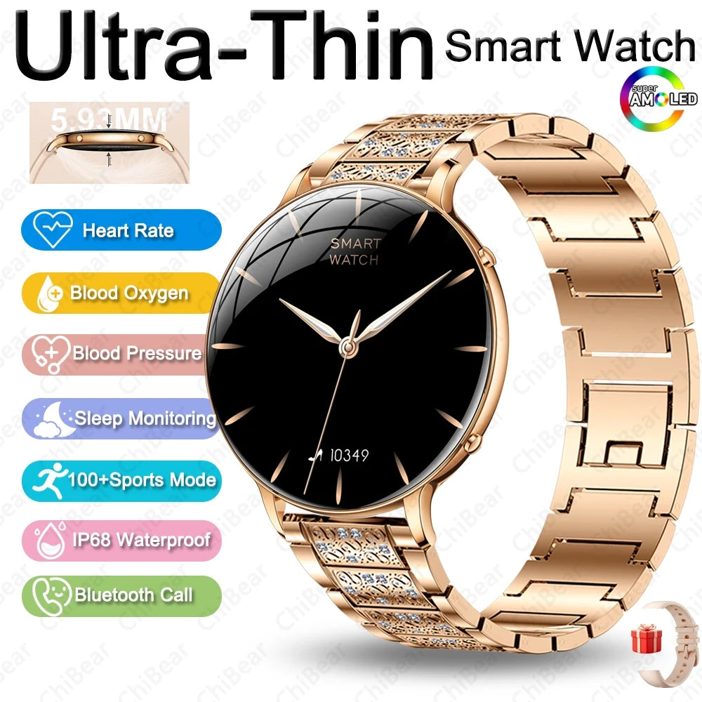 Reloj Inteligente AMOLED Ultrafino para Mujer, Pantalla Siempre Encendida, Linterna LED, Brazalete de Moda, Llamadas por BT, Monitoreo de Salud AANHORA-SHOPPING