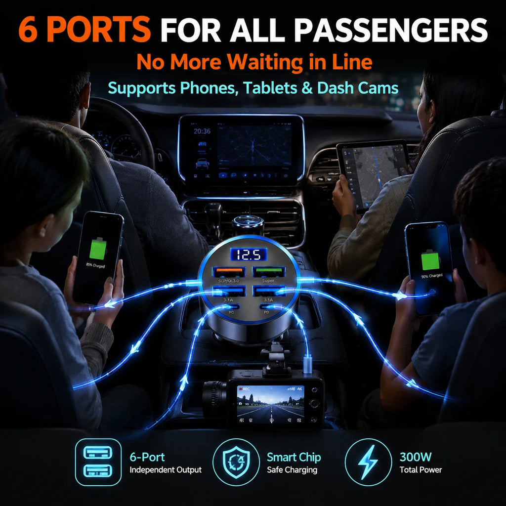 300W 6-Port Car Charger Dual Type-C PD QC3.0 Digital Display Fast Charging for Smartphones Tablets Power Banks Black AANHORA-SHOPPING