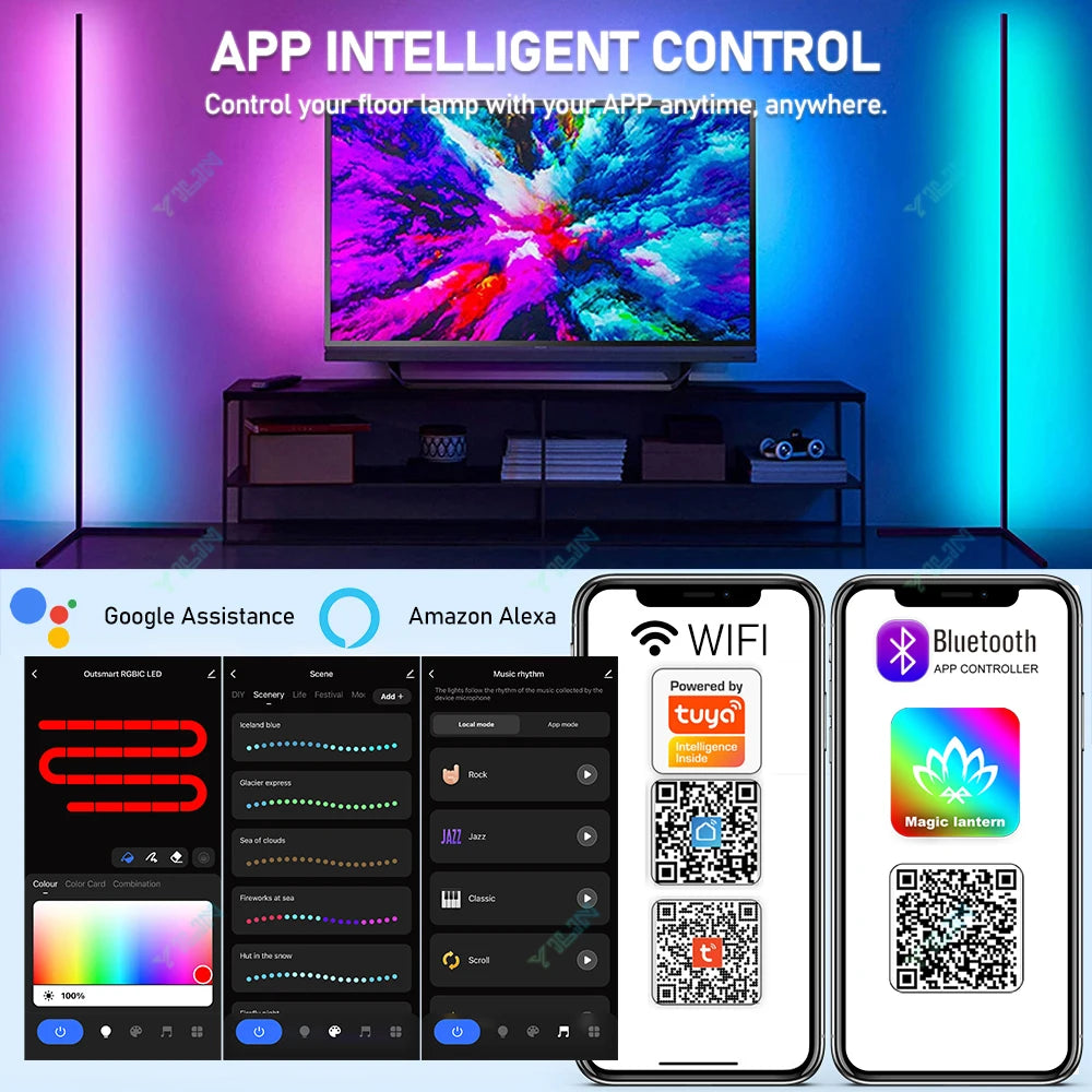Lámpara de pie inteligente mejorada de 145/180 cm, RGBIC, control remoto por aplicación Tuya Smart, luz ambiental nórdica para decoración de salas de juego AANHORA-SHOPPING