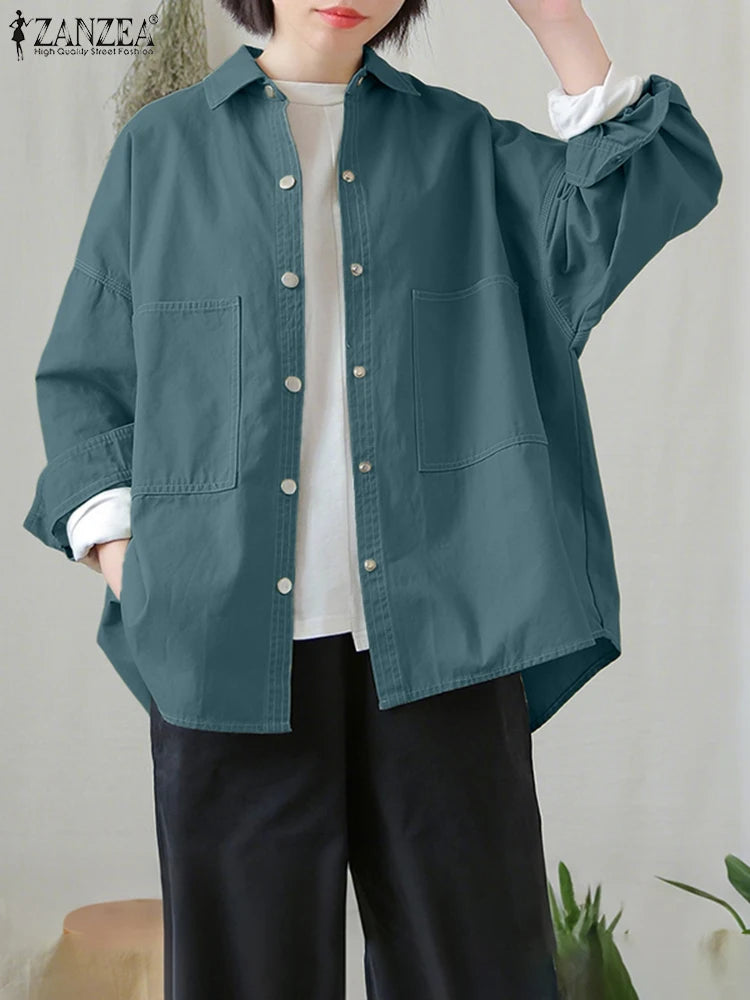 2025 ZANZEA camisas elegantes de otoño para mujer, Tops informales con bolsillos de manga larga, ropa de calle de trabajo para mujer, blusa lisa, Blusas femeninas AANHORA-SHOPPING