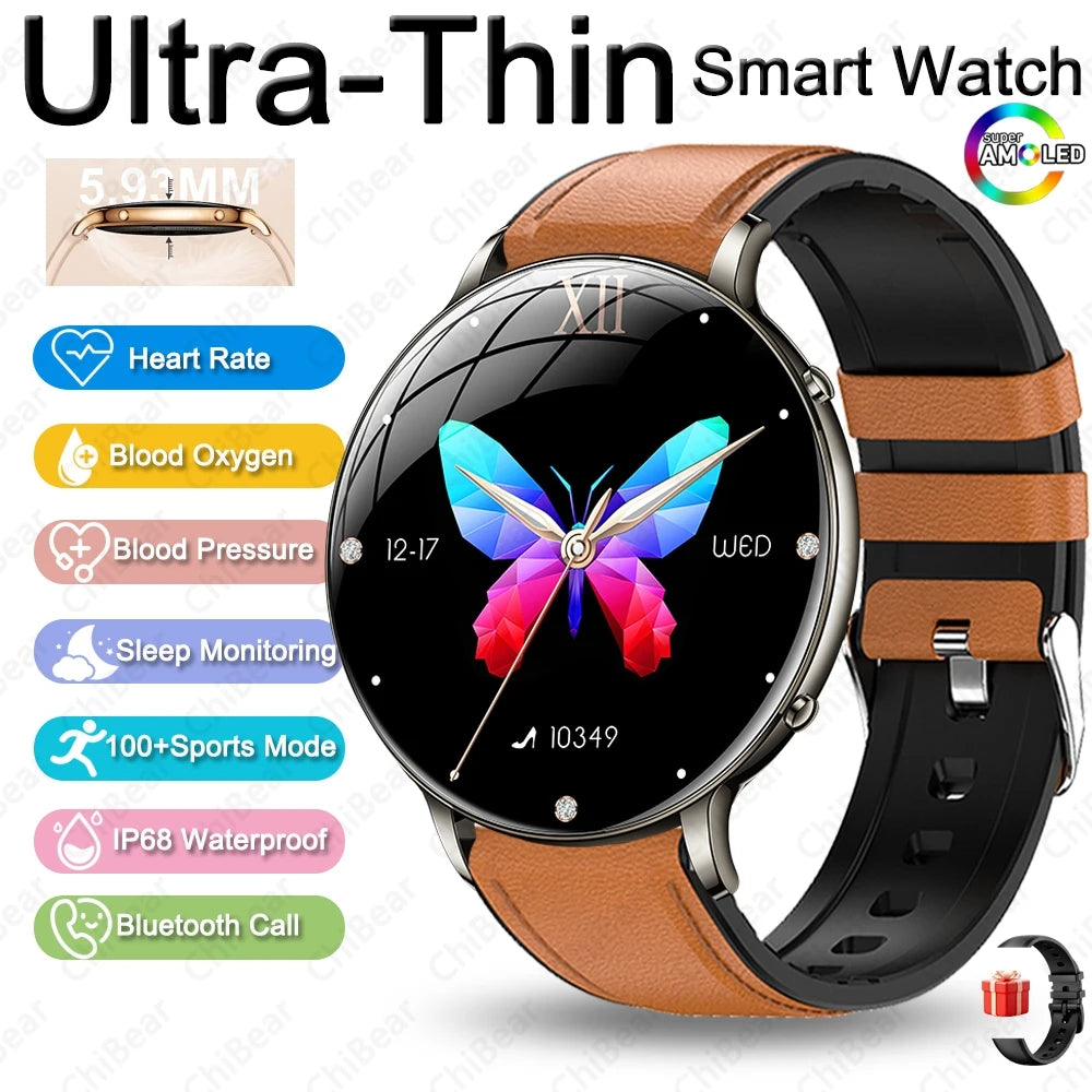 Reloj Inteligente AMOLED Ultrafino para Mujer, Pantalla Siempre Encendida, Linterna LED, Brazalete de Moda, Llamadas por BT, Monitoreo de Salud AANHORA-SHOPPING