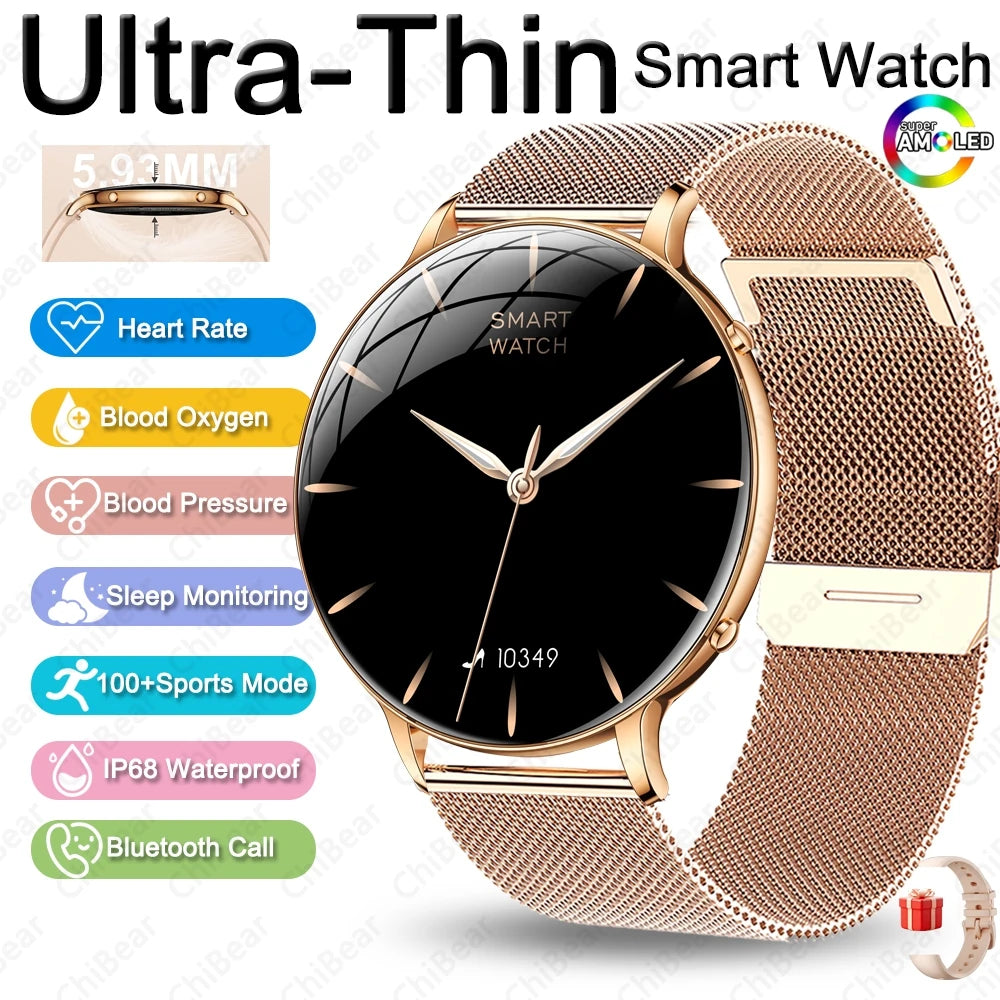 Reloj Inteligente AMOLED Ultrafino para Mujer, Pantalla Siempre Encendida, Linterna LED, Brazalete de Moda, Llamadas por BT, Monitoreo de Salud AANHORA-SHOPPING