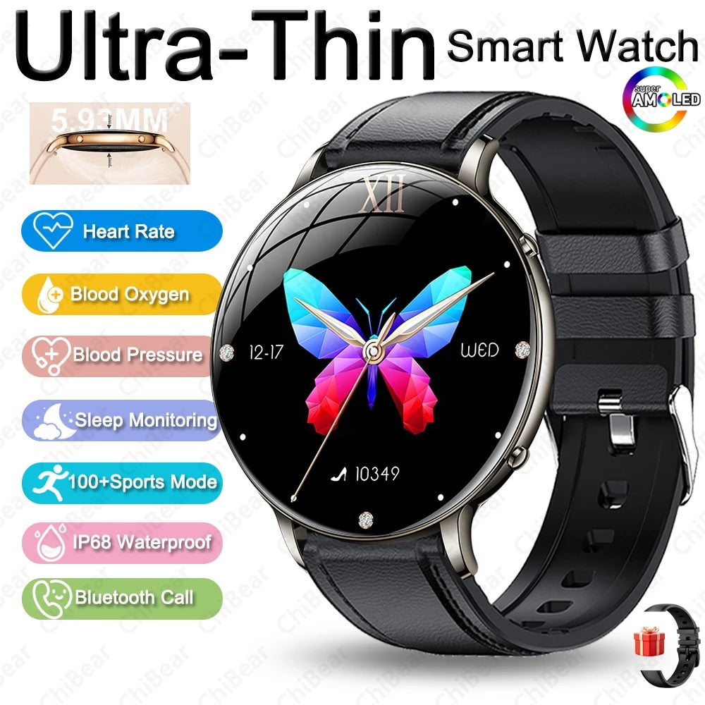 Reloj Inteligente AMOLED Ultrafino para Mujer, Pantalla Siempre Encendida, Linterna LED, Brazalete de Moda, Llamadas por BT, Monitoreo de Salud AANHORA-SHOPPING